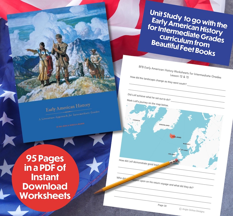 K&ouml;nnte beinhalten: Ein blaues Buch mit dem Titel "Early American History" mit einer Landschaftsillustration. Begleitende Arbeitsbl&auml;tter und Text: "Unit Study to go with the Early American History for Intermediate Grades curriculum from Beautiful Feet Books." Au&szlig;erdem "95 Seiten in einer PDF von Instant Download Worksheets."