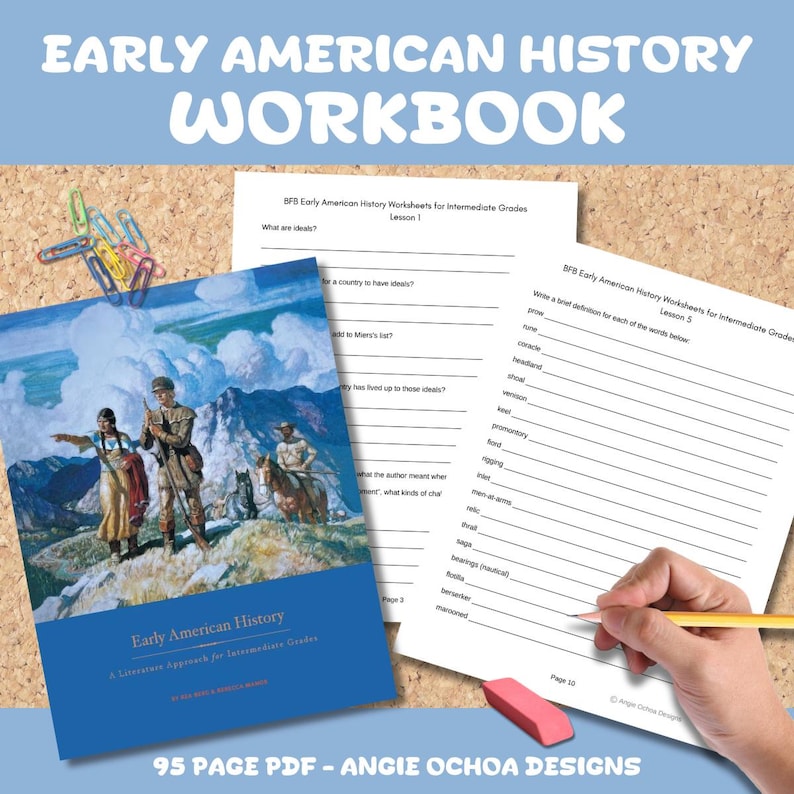 K&ouml;nnte beinhalten: Arbeitsbuch zur fr&uuml;hen amerikanischen Geschichte mit Arbeitsbl&auml;ttern f&uuml;r die Mittelstufe. Das Cover zeigt eine Illustration von Menschen in historischer Kleidung. Der Text lautet "Early American History" und "95 PAGE PDF - ANGIE OCHOA DESIGNS".