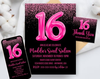 EDITABLE Sweet Sixteen Birthday Invitation, Sweet Sixteen Birthday Party Invite, Digital Birthday Invitation, Canva template