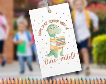 Bolsa de regalos imprimible para la vuelta al cole - Etiqueta de dinosaurio para bolsa de regalos - Etiqueta de recuerdo para fiesta escolar con dinosaurio
