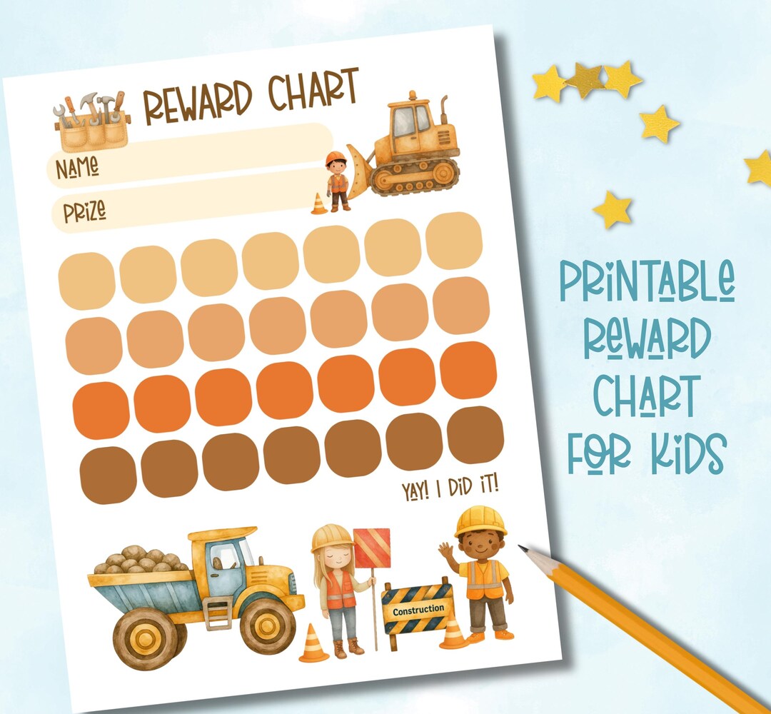 Rewards Progress Report Kids Reward Chart: Construction Theme, Printable Progress Tracker ...