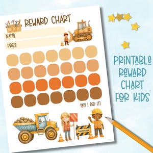 Puede incluir: Un gráfico de recompensas imprimible para niños con un tema de construcción. El gráfico presenta una cuadrícula de círculos en tonos de marrón y naranja, con ilustraciones de vehículos y trabajadores de la construcción. El texto incluye "Nombre", "Premio" y "Yay! I did it!"
