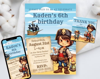 EDITABLE Pirate Boy Birthday Invitation, Pirate Boy Birthday Party Invite, Digital Birthday Invitation, Canva template