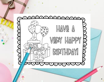 Printable Birthday Gifts Coloring Card for Kids - Download, Print, and Color, Birthday Card for Kids, Birthday Card to Color