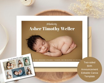 Birth Announcement Template, Baby Newborn Card Canva Template, Birth Announcement Card for Photographers - Instant Download