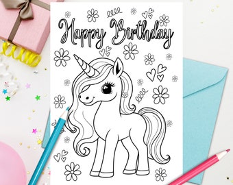 Biglietto di auguri di compleanno per bambini da stampare e colorare Biglietto di auguri di compleanno unicorno Biglietto di auguri di compleanno unicorno stampabile - Acquista 4 e ottieni il 25% di sconto