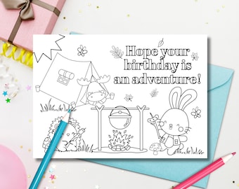 Tarjeta para colorear de cumpleaños de camping para niños: Actividad imprimible (Descarga PDF)