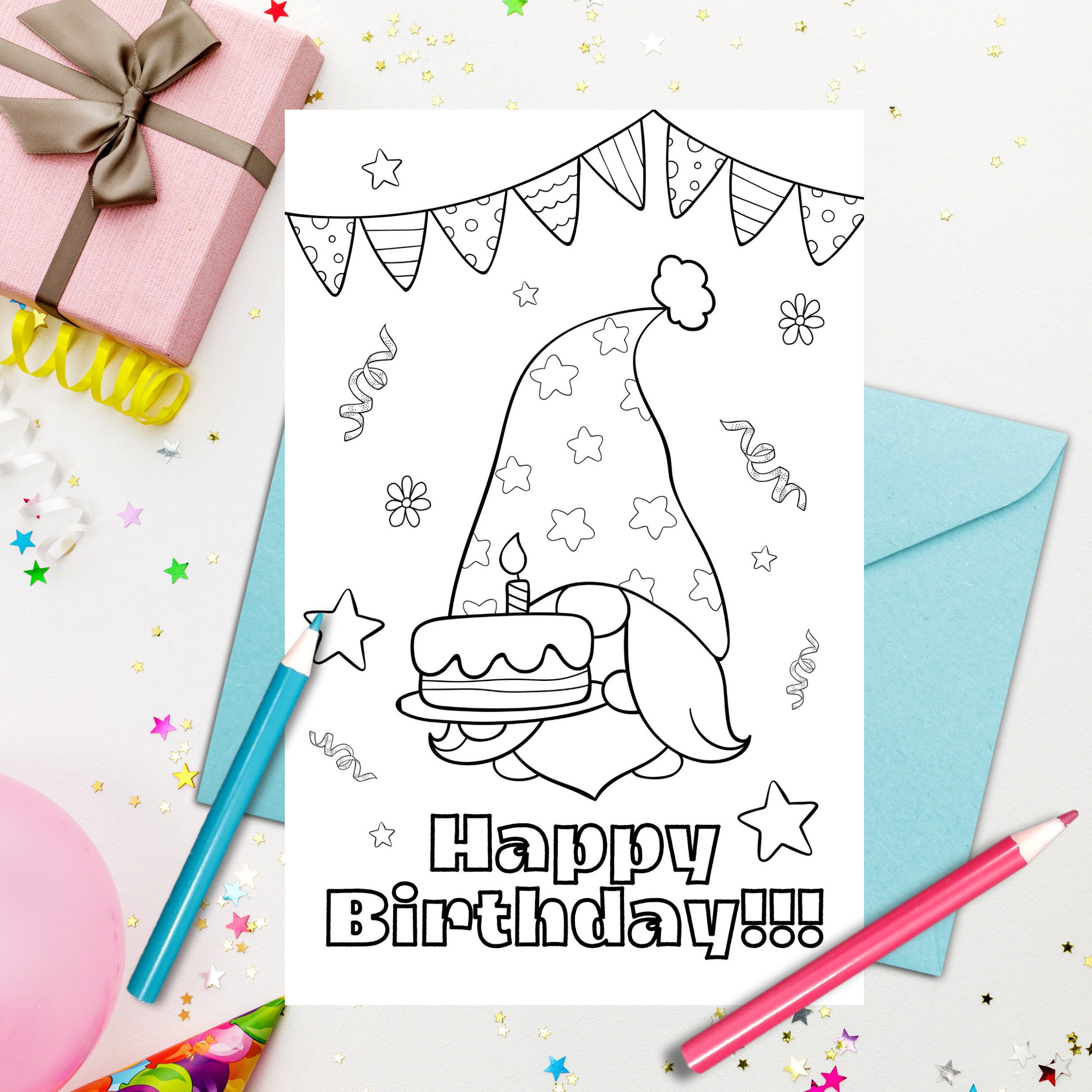 Printable Gnome Birthday Coloring Card for Kids - Download, Print, and ...
