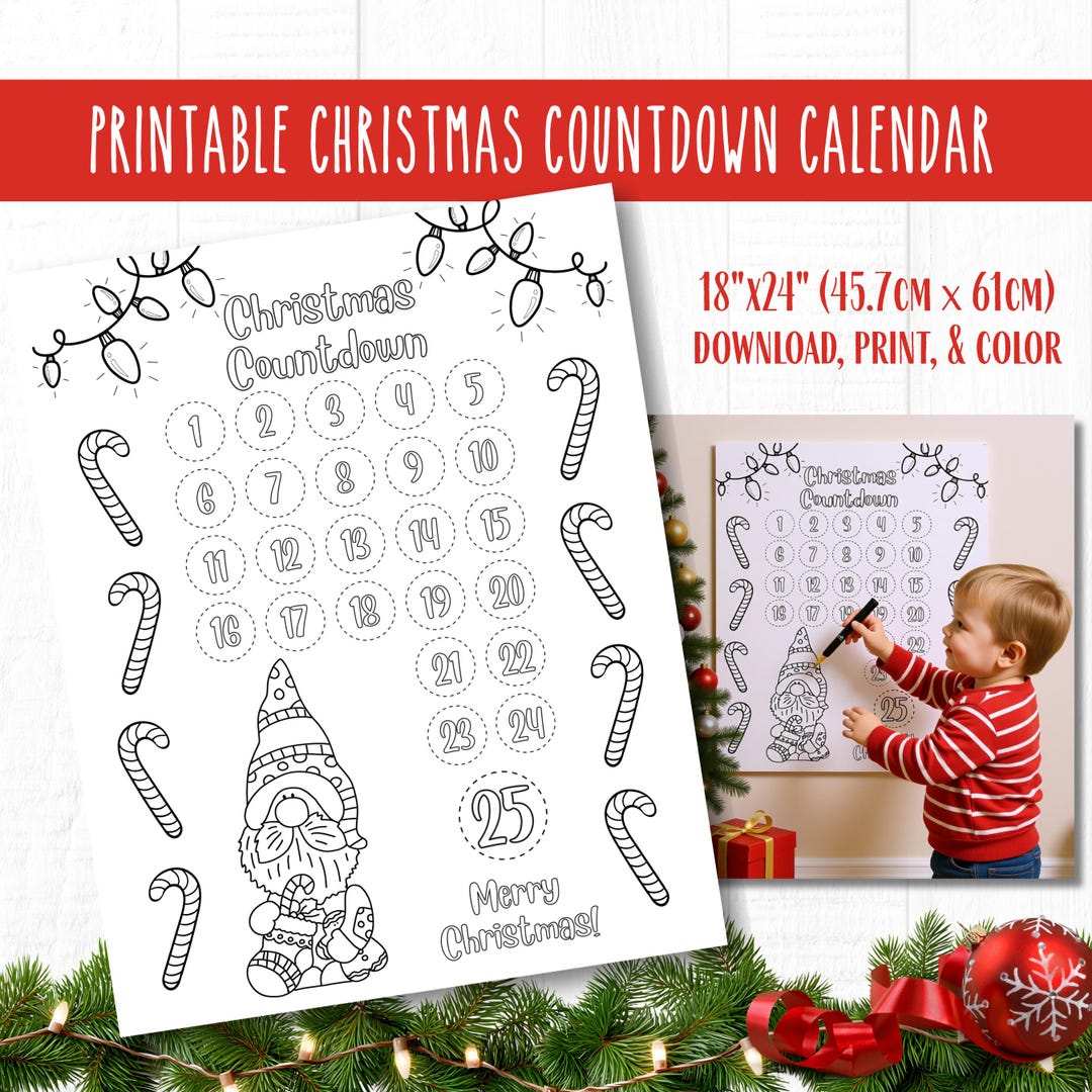 Christmas Countdown Calendar Poster for Kids to Color - Gnome Santa ...