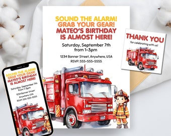 EDITABLE Firefighter Boy Birthday Invitation, Fireman Birthday Party Invite, Digital Birthday Invitation, Boy birthday, Canva template