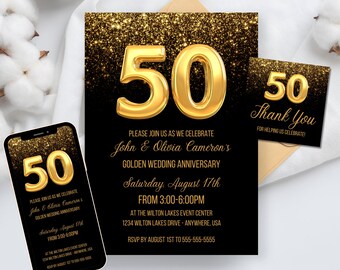 EDITABLE 50th Anniversary Invitation, Golden Anniversary Party Invite, Digital Birthday Invitation, Canva template