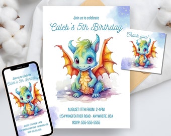 EDITABLE Cute Dragon Birthday Invitation, Cute Dragon Birthday Party Invitation, Digital Birthday Invitation, Birthday, Canva Template