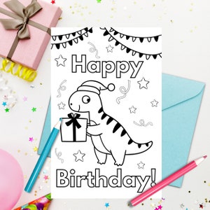 Cartão para colorir de aniversário de dinossauro para impressão para crianças - baixar, imprimir e colorir