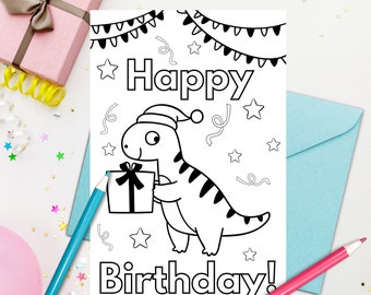 Tarjeta de cumpleaños de dinosaurio imprimible para colorear para niños: descarga, imprime y colorea. Compra 4 y obtén un 25 % de descuento.