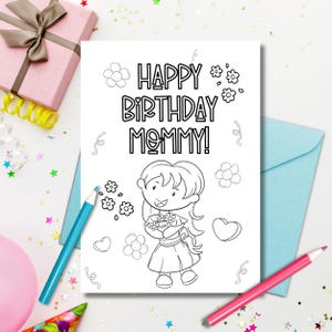 Cartão de colorir para imprimir feliz aniversário mamãe para crianças - Baixe, imprima e pinte