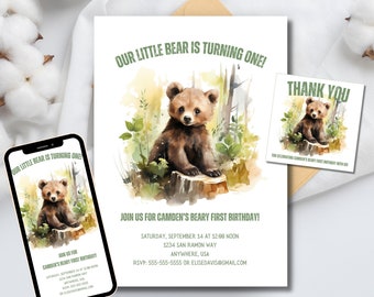 EDITABLE Baby Bear Birthday Invitation, Bear Birthday Party Invite, Digital Birthday Invitation, Canva template