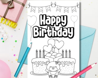 Tarjeta de cumpleaños imprimible para niños para colorear DIY Colorearlo tú mismo Tarjeta de cumpleaños de oso imprimible para niños