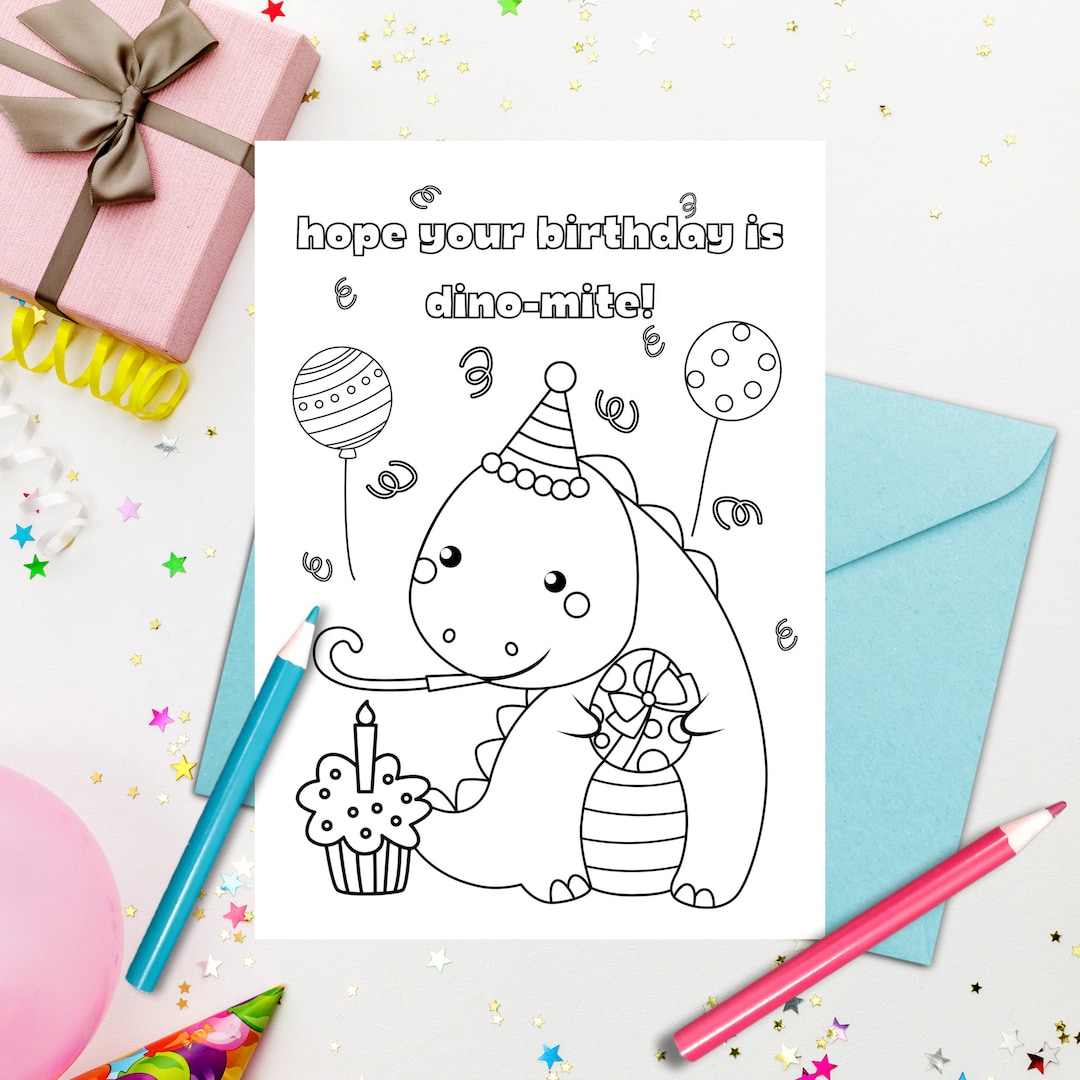 Printable Dinosaur Birthday Coloring Card for Kids - Download, Print ...