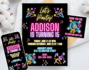 EDITABLE Neon Birthday Invitation, Neon Birthday Party Invite, Digital Birthday Invitation, Birthday Girl, Canva Template