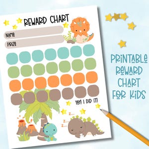 May include: A printable reward chart for kids with a dinosaur theme. The chart features spaces for a name and prize, with colorful circles for tracking progress. Text includes "Reward Chart" and "Yay! I did it!"