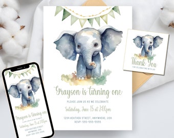 EDITABLE Baby Elephant Birthday Invitation, Baby Elephant Birthday Party Invite, Digital Birthday Invitation, Canva template