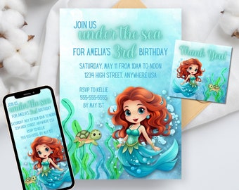 EDITABLE Mermaid Birthday Invitation, Mermaid Birthday Party Invitation, Digital Birthday Invitation, Birthday Girl, Canva Template