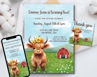 EDITABLE Highland Cow Birthday Invitation, Highland Cow Birthday Party Invite, Digital Birthday Invitation, Girl Birthday, Canva template