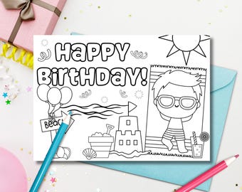 Tarjeta para colorear de un niño en la playa: Tarjeta de cumpleaños imprimible (Descarga PDF)