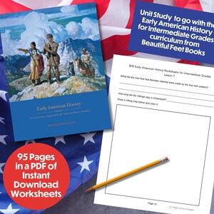 K&ouml;nnte beinhalten: Ein blaues Buch mit dem Titel "Early American History" mit einem historischen Gem&auml;lde auf dem Cover, begleitet von Arbeitsbl&auml;ttern und einem Bleistift. Der Text lautet "Unit Study" und "95 Pages in a PDF of Instant Download Worksheets."