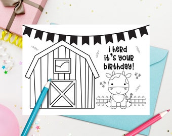 Printable Cow & Farm Coloring Card for Kids - Download, Print, and Color, Farm Birthday Card, Cow Birthday Card