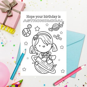 Printable Astronaut Girl Birthday Coloring Card for Kids - Download, Print, and Color