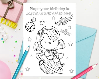 Printable Astronaut Girl Birthday Coloring Card for Kids - Download, Print, and Color