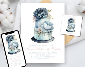 EDITABLE Blue Peony Cake Birthday Invitation, Blue Peony Cake Birthday Party Invite, Digital Birthday Invitation, Canva Template