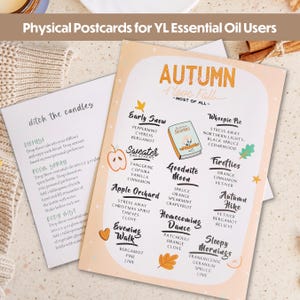 May include: Two postcards with essential oil blend recipes. One card says "ditch the candles" with instructions for diffuser, room spray, and body mist. The other card has "Autumn" and blend names like "Early Snow" and "Whoopie Pie".