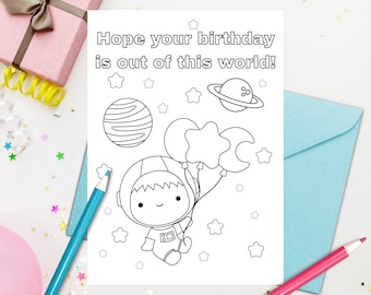 Tarjeta de cumpleaños de astronauta para que los niños coloreen su propia tarjeta de cumpleaños Tarjeta para colorear imprimible - Compre 4 y obtenga un 25% de descuento