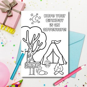 Carte d'anniversaire de camping à colorier vous-même pour enfants - Télécharger, imprimer et colorier