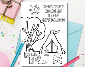 Printable Camping Birthday Coloring Card for Kids - Download, Print, and Color