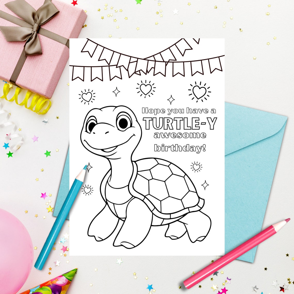 Printable Turtle Birthday Coloring Card for Kids - Download, Print, and ...
