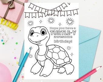 Printable Turtle Birthday Coloring Card for Kids - Download, Print, and Color