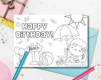 Tarjeta de cumpleaños de playa para niños: Imprimible y coloreable (Descarga PDF)