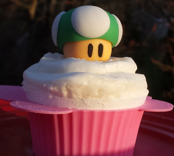 1up Mushroom Cupcake Toppers 6 Or 12 Handmade Fondant Etsy
