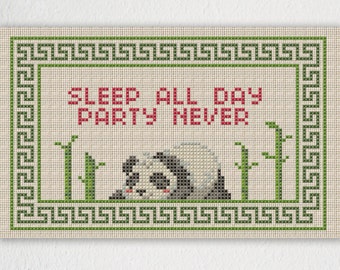Panda Sleep All Day Party Never Cross Stitch Pattern - Instant Download PDF
