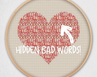 Hidden Bad Words Heart "Sex Poop Hell Balls" Cross Stitch Pattern - Instant Download PDF