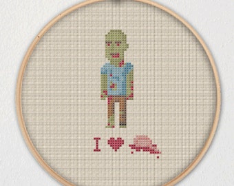 Zombie I Heart Brains Cross Stitch Pattern