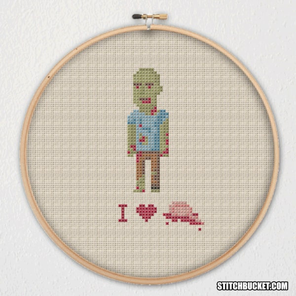 Zombie I Heart Brains Cross Stitch Pattern