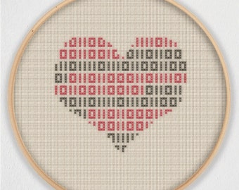 Binary Heart Cross Stitch Pattern - Instant Download PDF