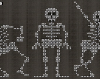May include: Three white skeleton figures on a dark brown background. The skeletons are in different poses, one is standing straight, one is dancing, and one is reaching up.