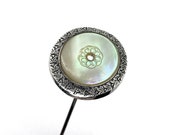1911 Patent Hinged Hatpin, Antique Victorian Edwardian Belle Epoque Sterling Silver Mother of Pearl Paste Hat Pin Unusual Jewelry