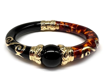 Italienischer Designer signierte 925 Sterling Silber Emaille Armreif, Vintage 1990s etruskischer Stil Braun Schwarz Pfeile Marke 18K Gold Vermeil