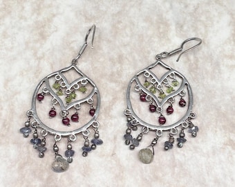 Kronleuchter Ohrringe, Vintage Handarbeit Peridot Granat Labradorit Boho Gypsy Hippie Schmuck Geschenk Sie